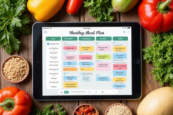 A colorful and healthy personalized meal plan displayed on a tablet, surrounded by fresh ingredients like fruits, vegetables, and grains.